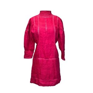 Mes‎ Demoiselles High Neck Linen Dress 38 Puff Sleeve Fuchsia Pink Crochet Boho